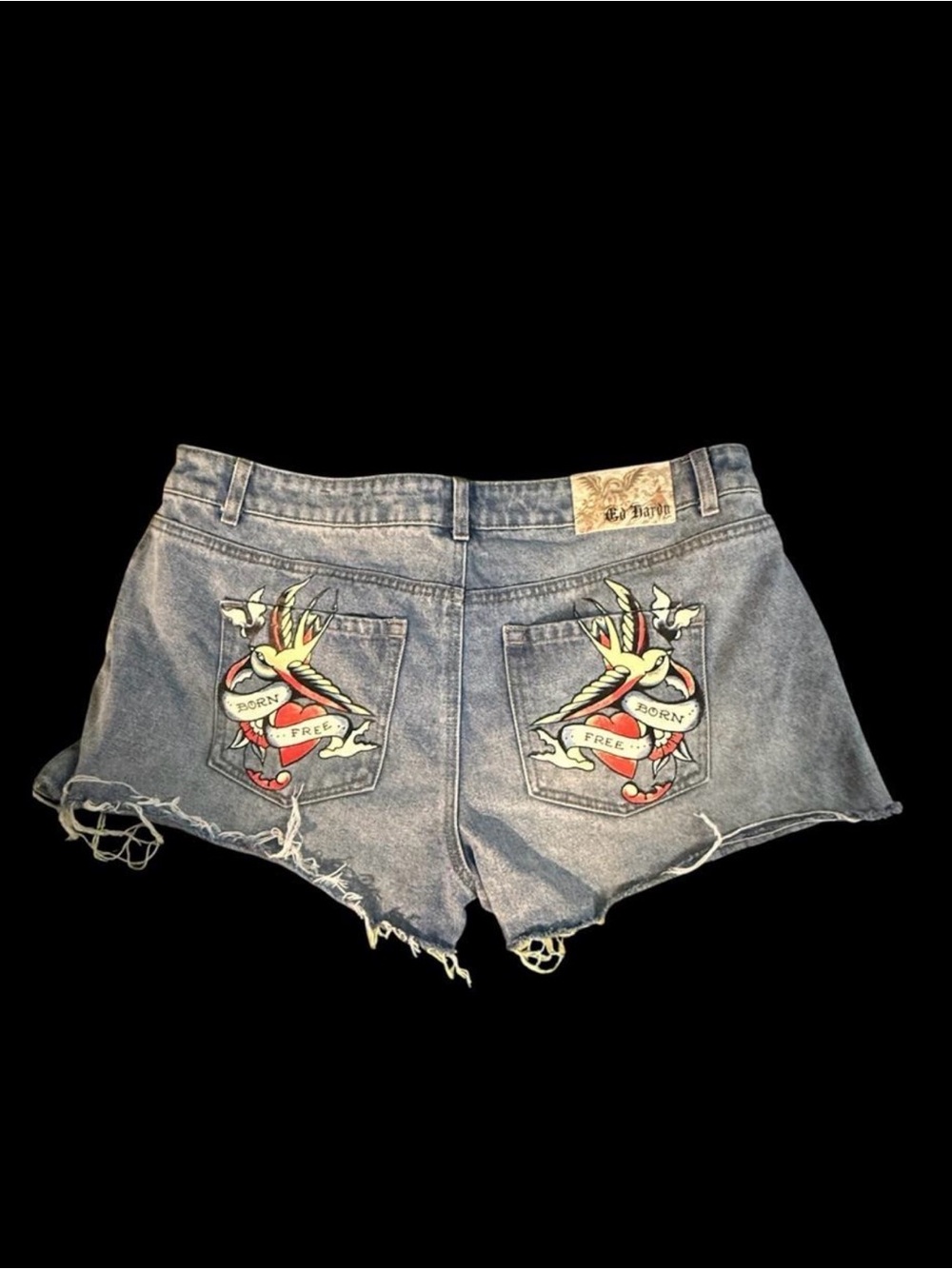 Ed Hardy Blue Denim Cutoff Shorts with Tattoo Swallow Pockets
